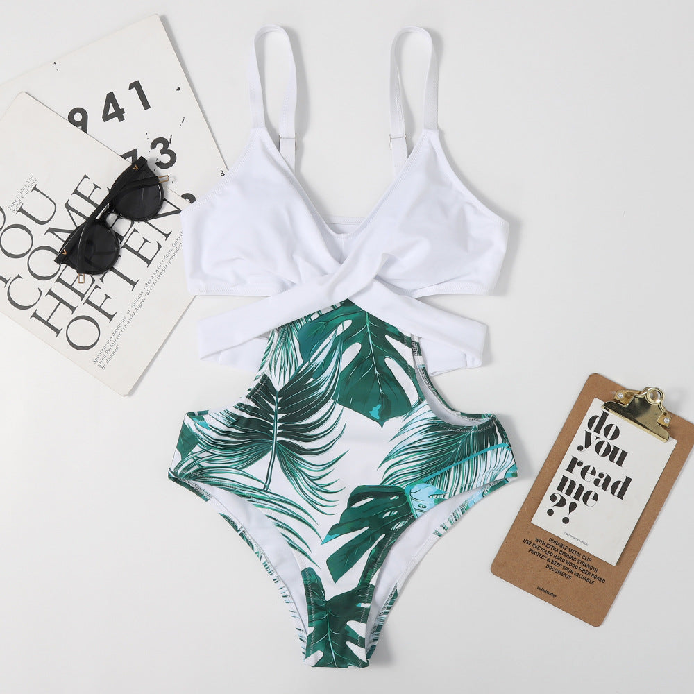 One-Piece Leaf-Shaped Floral Color Matching Women Swimsuit Lace-up Sexy Triangle Bikini Bella Mia