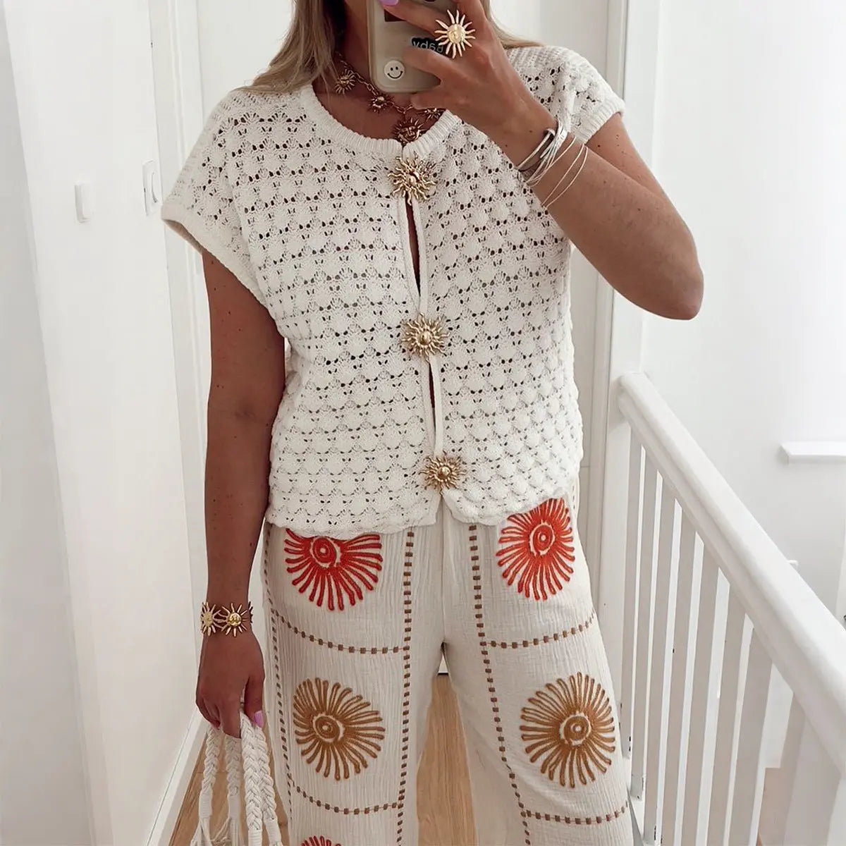 Simple Vacation Short Sleeve Hollow Out Cutout T shirt Wool Women Clothing Autumn Winter Bella Mia