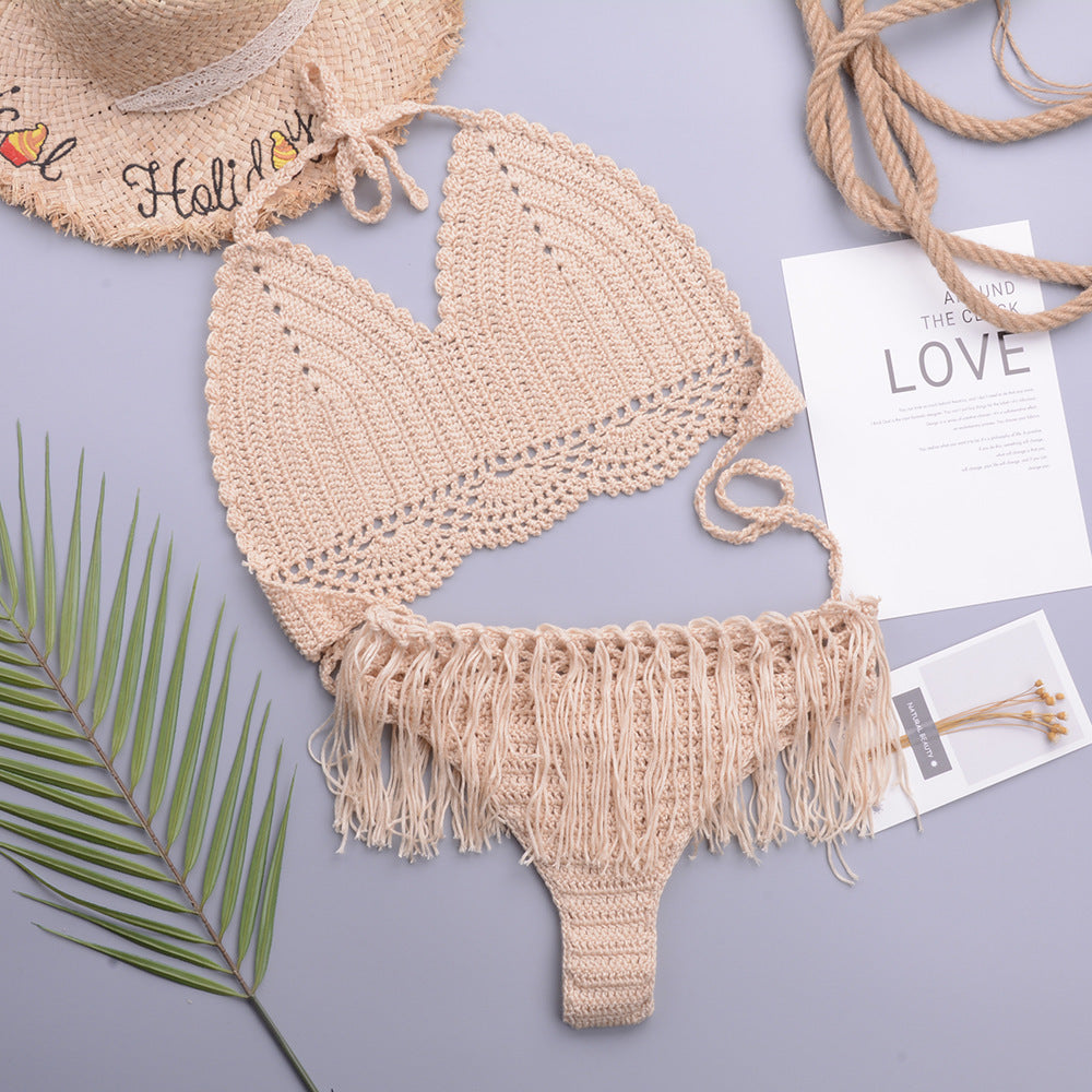 Vacation Sexy Characteristic Handmade Crochet Tassel Hollow Out Cutout out Strap Bikini Women Set Bella Mia