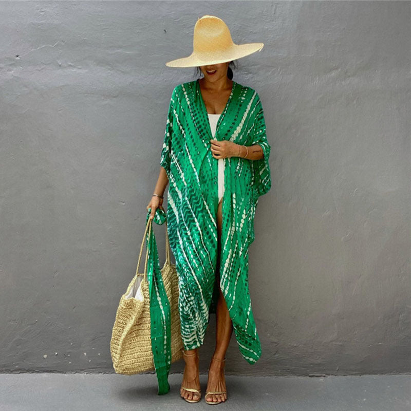Rayon Printed Beach Cover-up Sexy Cardigan Belt Sun Protection Shirt Beach Cover Up Bella Mia