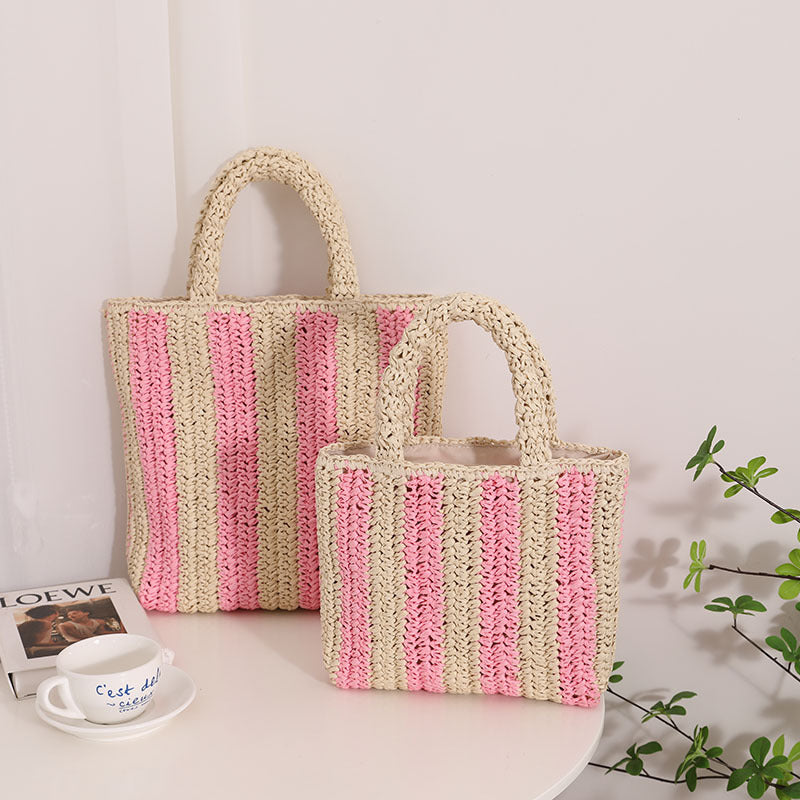 Vertical Stripes French Straw Bag Portable Contrast Color Straw Bag Woven Bag Women's Bag Seaside Vacation Beach Bag Bella Mia
