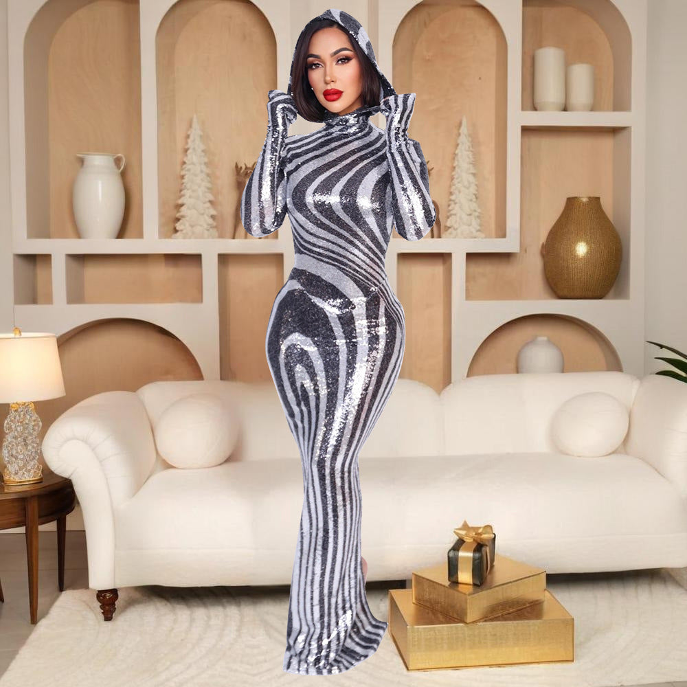 Performance Clothes Nightclub Bar Sexy Dress Hooded High Slit Maxi Dress Women Clothing Bella Mia