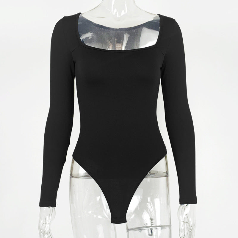 Sexy T-Shaped One-Piece Bottoming Shirt Autumn Women Clothing Tight Long Sleeve Square Neck Bodysuit