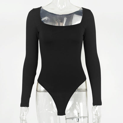 Sexy T-Shaped One-Piece Bottoming Shirt Autumn Women Clothing Tight Long Sleeve Square Neck Bodysuit