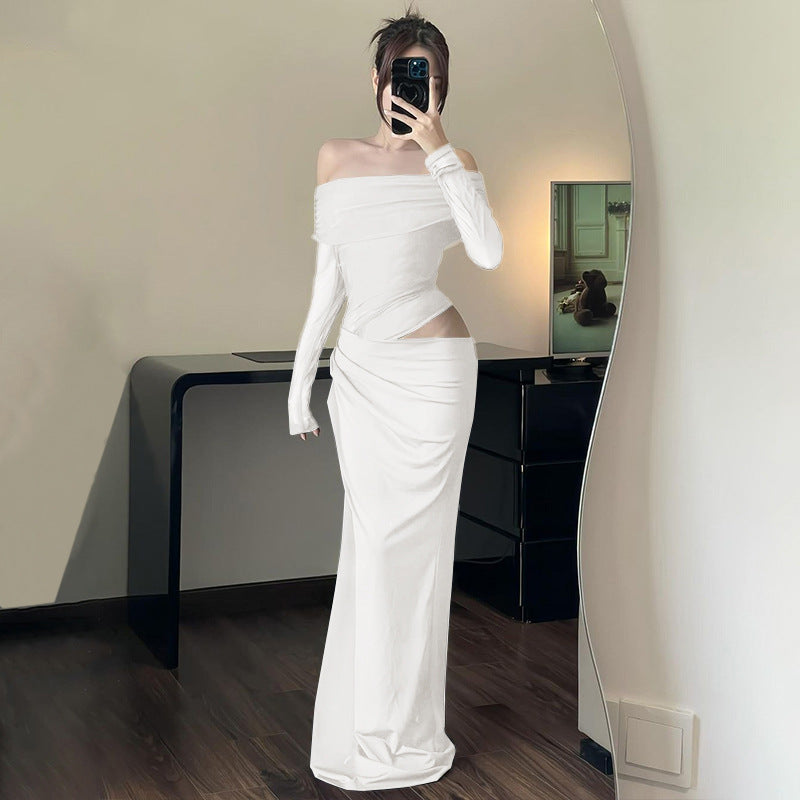 Women Clothing Spring Sexy Sexy off Shoulder Mesh Stitching Long Sleeves Hollow Out Cutout Dress Women Bella Mia