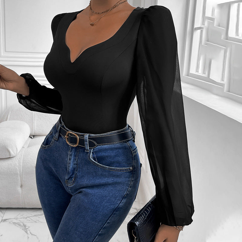 Women Clothing Black Mesh Stitching V neck Jumpsuit Bella Mia