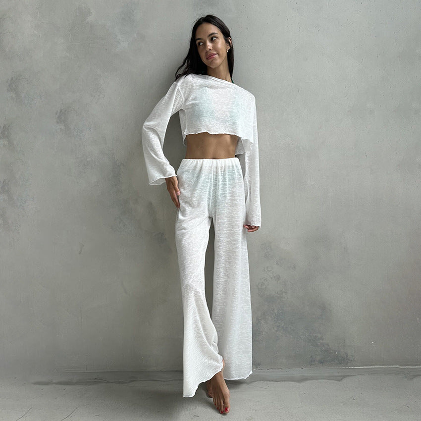 Autumn White Knitted Fabric round Neck Long Sleeved Trousers Pajamas Two Piece Loose Comfortable Ladies Homewear Bella Mia