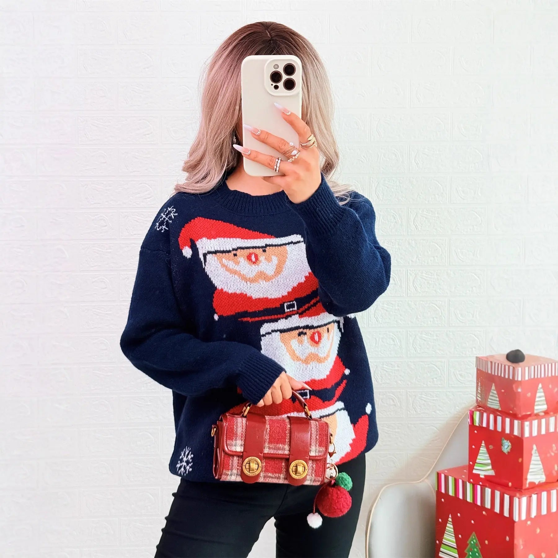 Autumn Winter Christmas Contrast Color Casual Knitted Pullover round Neck Santa Claus Sweater for Women Bella Mia