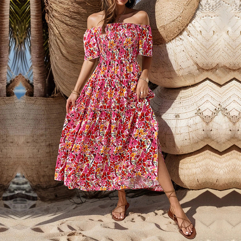 Summer Women Clothing Vacation off-Shoulder Printed Dress Bella Mia