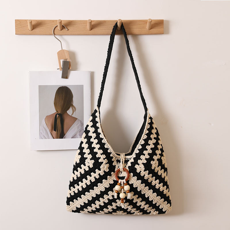 Ethnic Single Shoulder Cotton Thread Woven Bag Color Grandmother Grid Straw Bag Vacation Beach Bag Women Bag Bella Mia