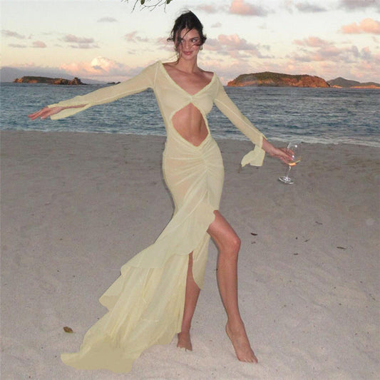 Summer Women Collection V neck See through Sexy L Hollow Out Cutout out Pleated Lace Slim Fit Dress Bella Mia