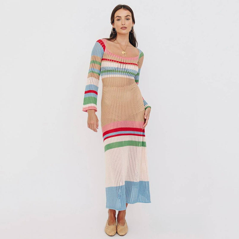 Autumn Mid-Length Dress Women Colorful Contrast Color U Collar Sexy Hollow Out Cutout Long-Sleeved Knitted Dress Women Crochet Crochet hook Bella Mia