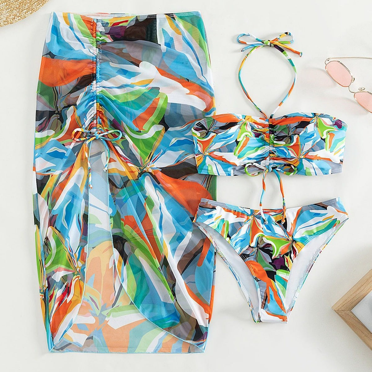 Split Bikini Three Piece Set Sexy Printed Lace up Drawstring Bikini Bella Mia