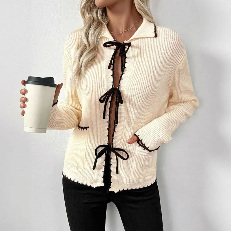 Sweet Chanel Bow Lace up Turn down Collar Trim Contrast Color Sweater Women Cardigan Bella Mia