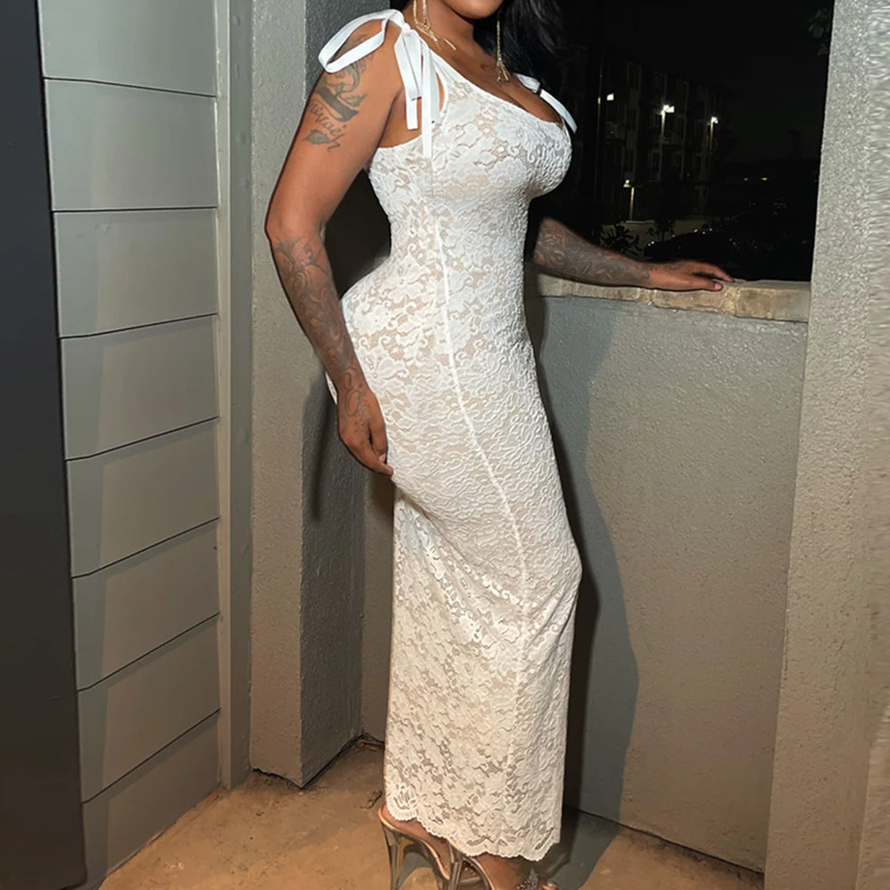 Women Clothing Spring Summer Lace Bow Sexy Backless Lace Double Layer Length Dress