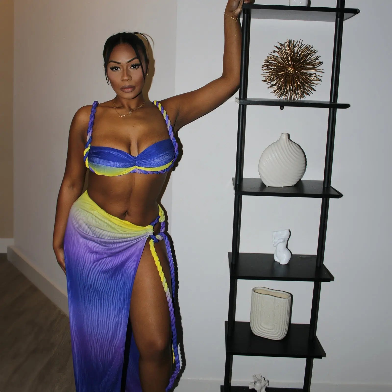 Summer Sexy Beach Vacation Swimsuit Woven Halter Top Split Skirt Set Bella Mia