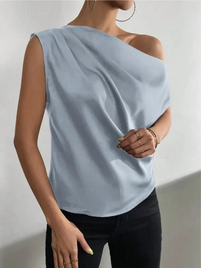 Spring Solid Color Satin Artificial Silk Irregular Asymmetric Shoulder off Shoulder Pullover Sleeveless Shirt Women Clothing Bella Mia