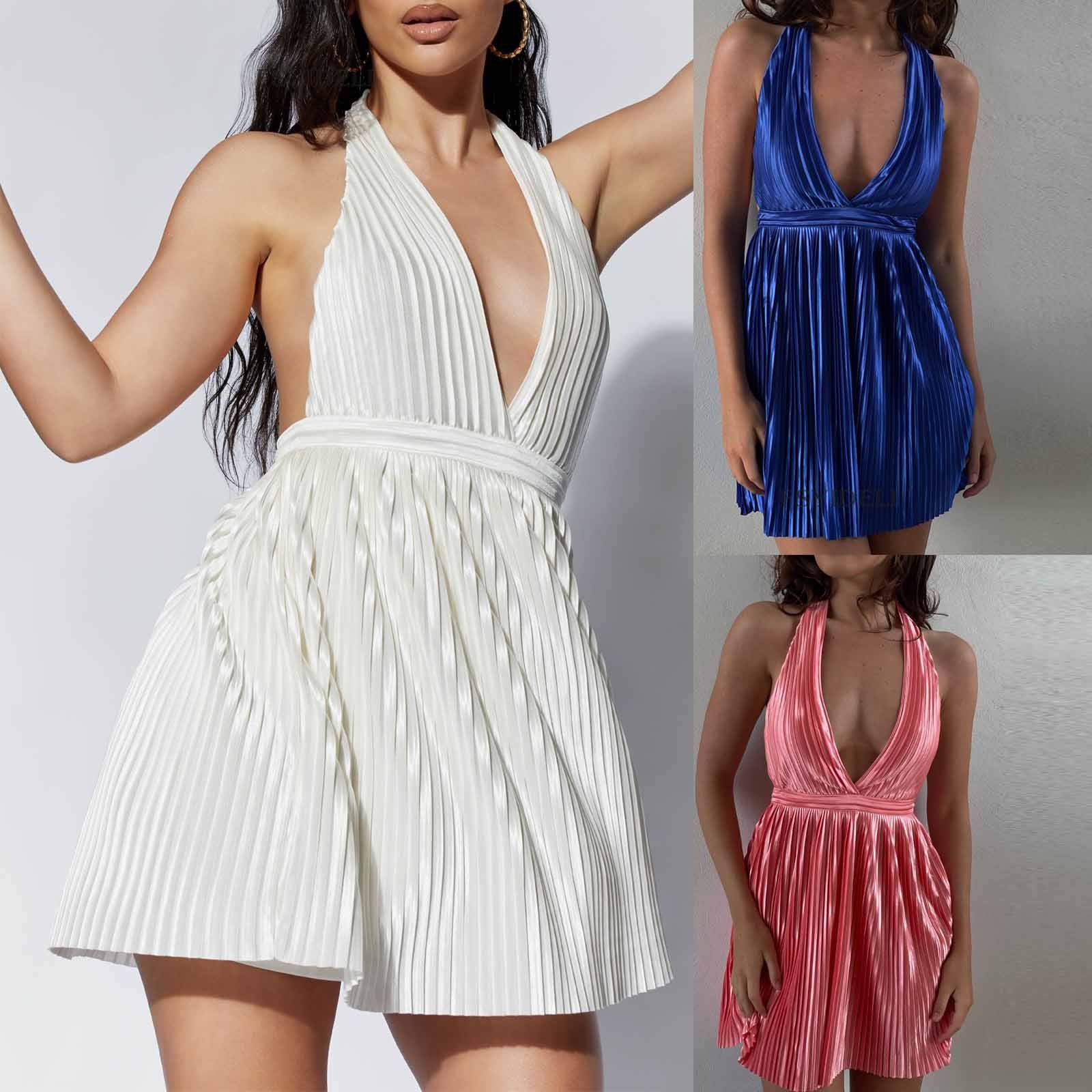 Summer Solid Color Sleeveless Halter Dress Women Sexy Sexy Backless Pleated V-neck Short Dress Women Bella Mia