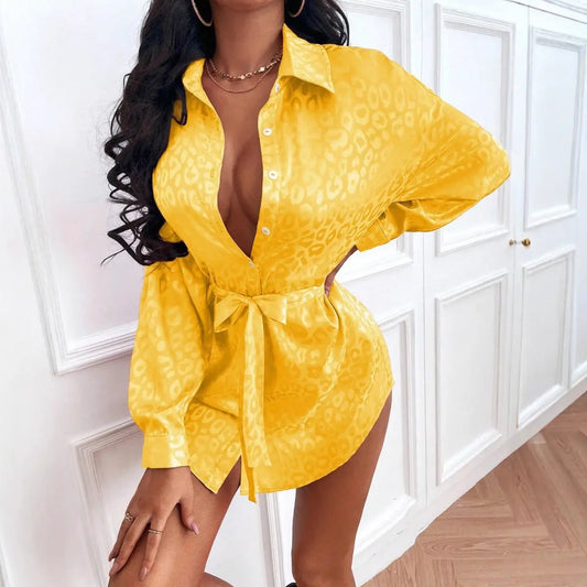 Women Clothing Autumn Satin Shirt Leopard Print Long Sleeve Lining Bella Mia