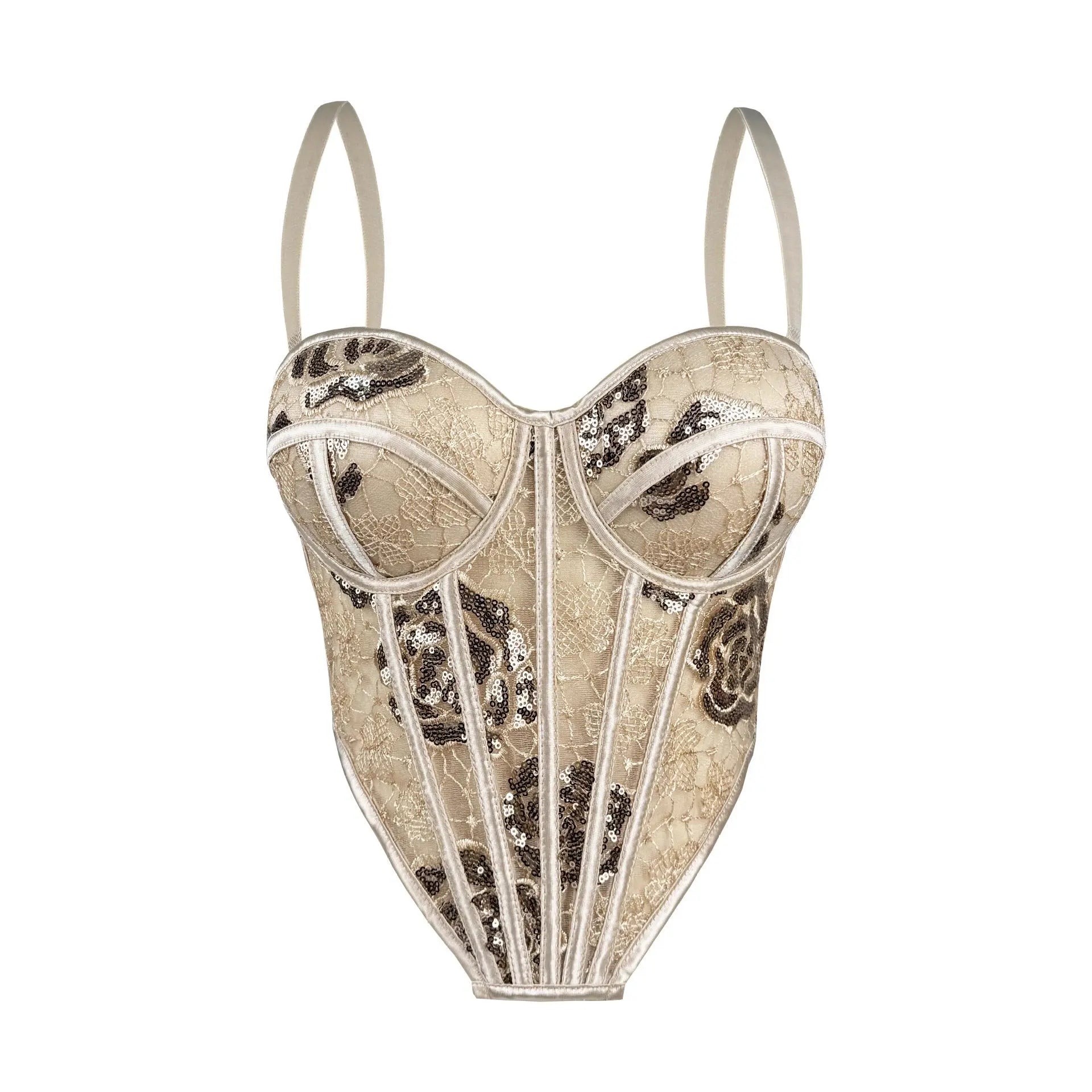 Sequined Floral Boning Corset Top With Lace Bustier Beige Bella Mia