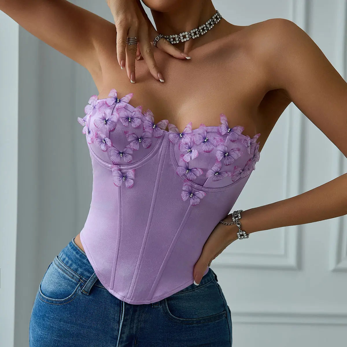 Sexy Low Cut Satin Butterfly Tube Top Diamond Steel Ring Boning Corset Top Bella Mia