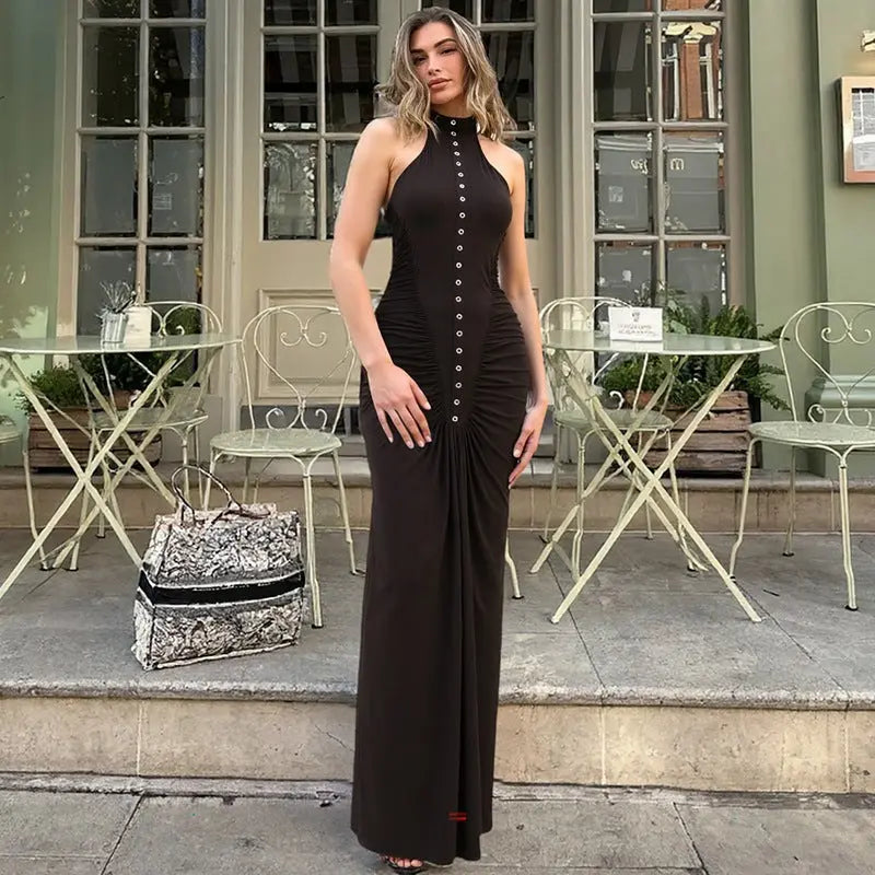French Women Halter Neck Maxi Dress Bodycon Sleeveless With Ruched Buttons Bella Mia
