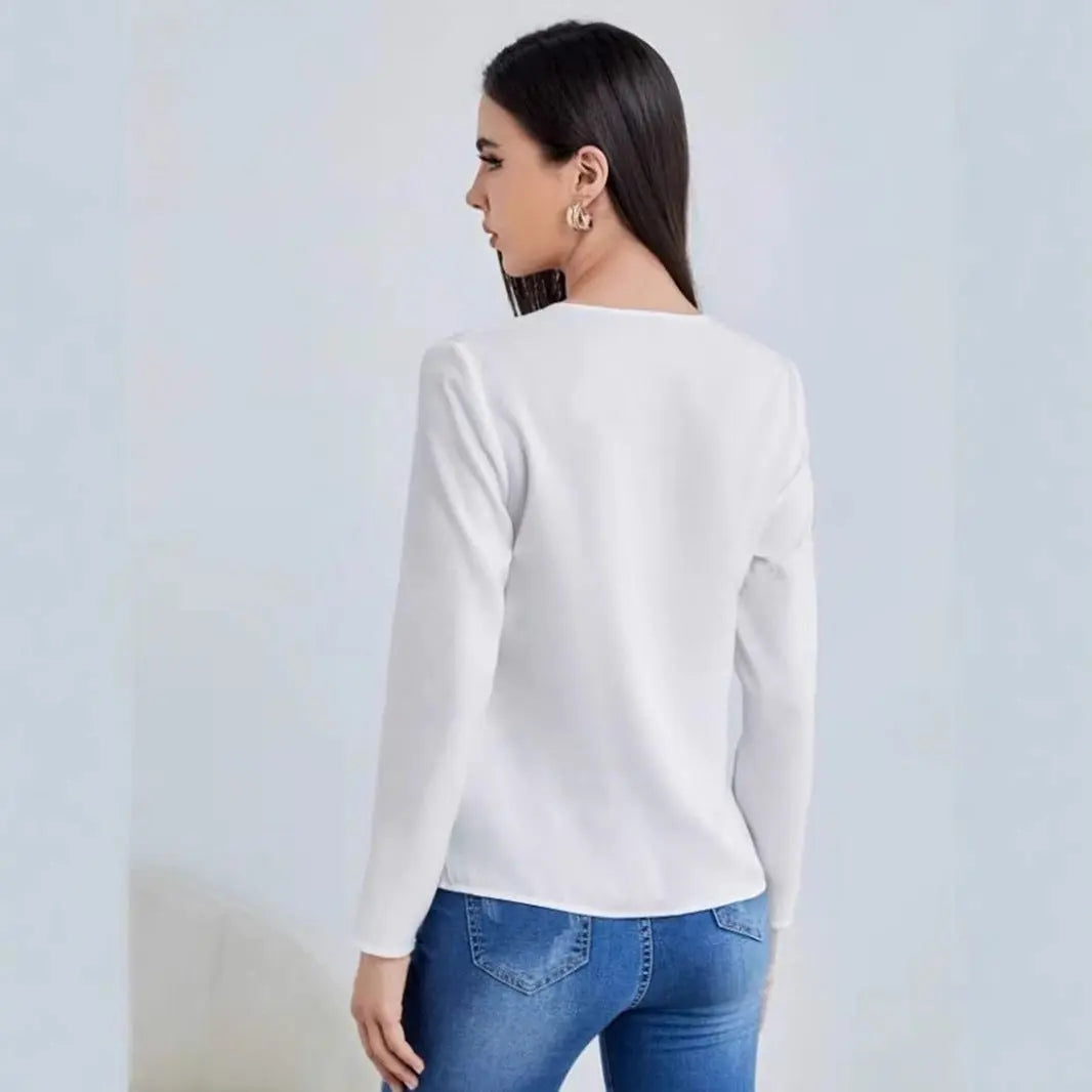 Elegant Satin Blouse For Women Spring Fall Loose Fit V Neck Long Sleeve Bella Mia