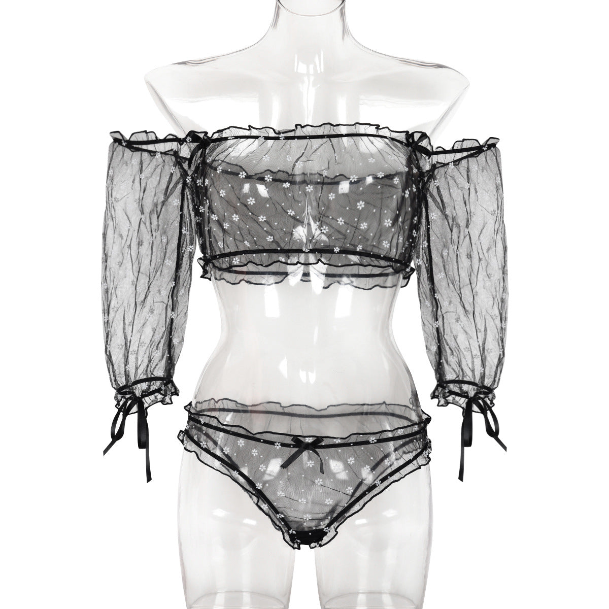 Sexy Underwear Two Piece Wooden Ear See through Bow Collar Half Sleeve Set Bella Mia