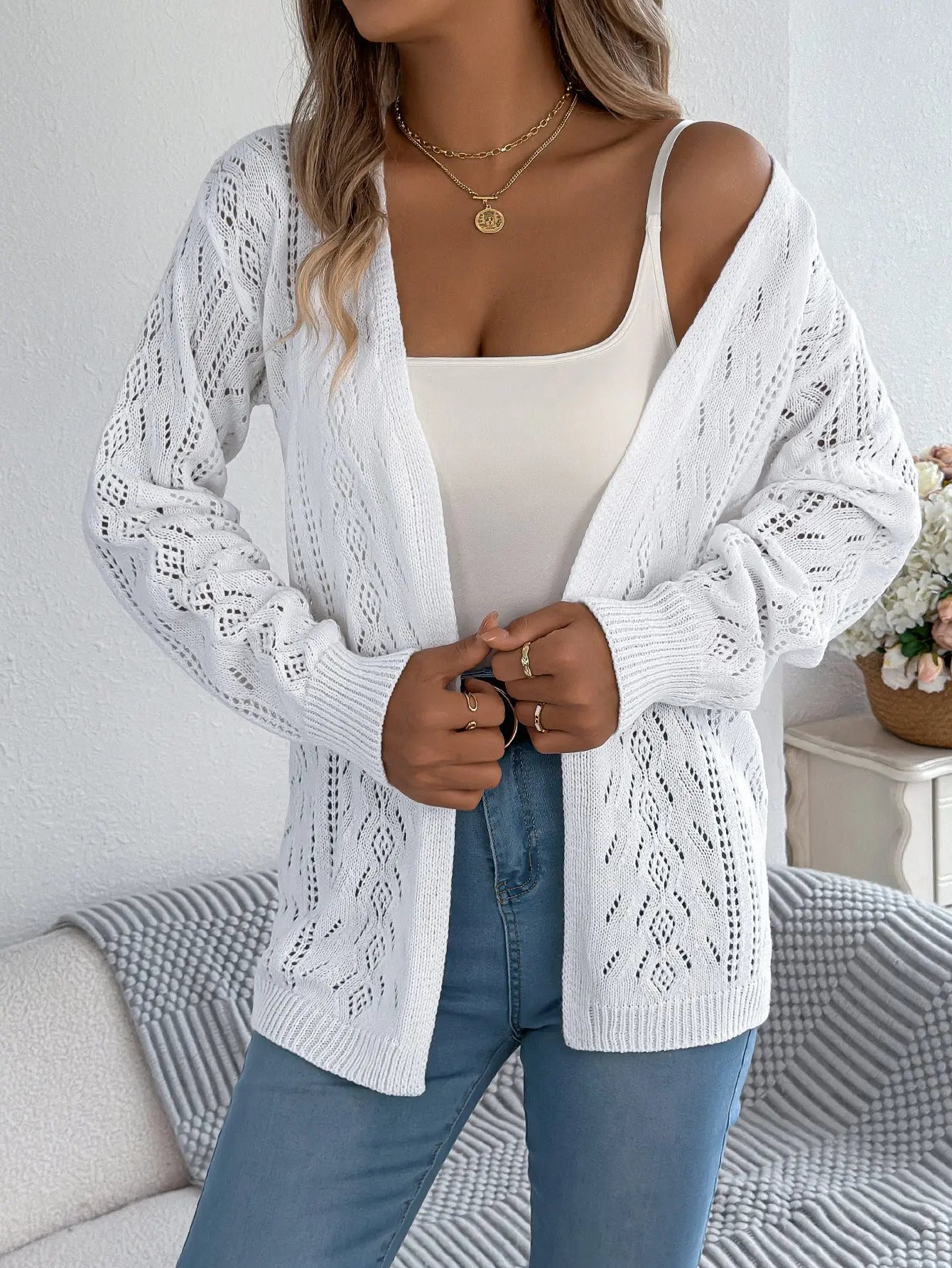 Early Autumn Casual Hollow Out Cutout out Lantern Long Sleeve Cardigan Sweater Mid Length Coat Women Clothing Bella Mia