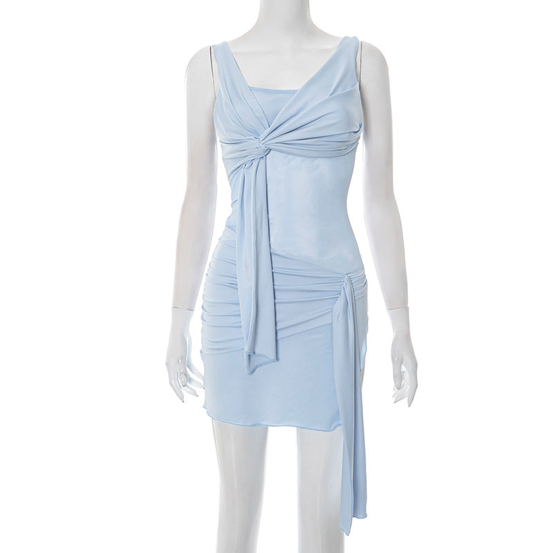 Women Clothing Summer Sexy Solid Color Ribbon Pleated Short Dress Bella Mia