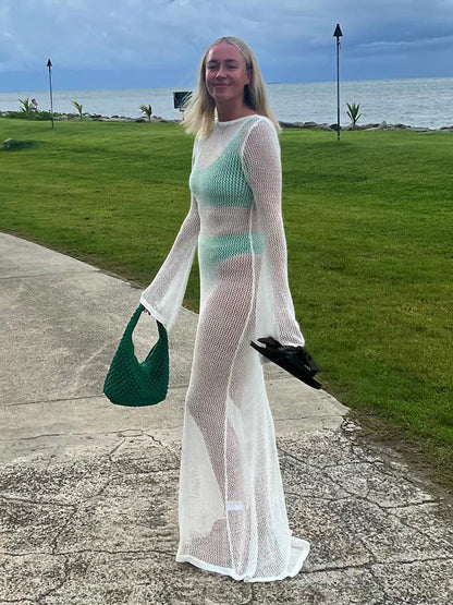 Knitted Hollow Out Cutout out See through Backless Dress Sexy Two Way Seaside Vacation Sun Protection Dress for Women