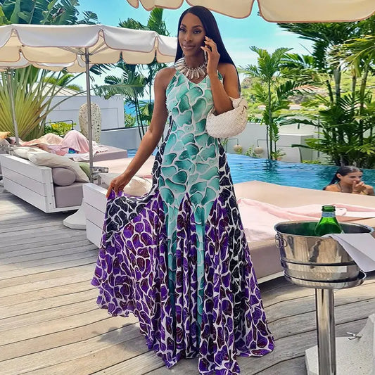 Women Printed Wear Patchwork Waist Slimming A line Dress Casual V neck Swing Maxi Dress Bella Mia