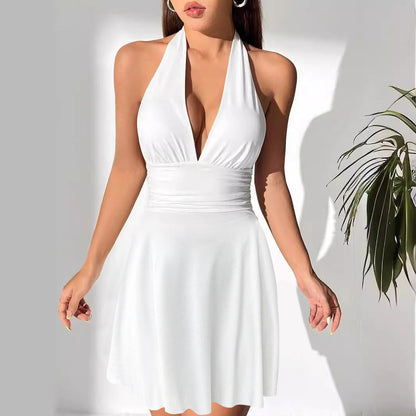 Women Clothing V neck Lace up Tight Pleated Sexy Backless Pleated Tied Dress