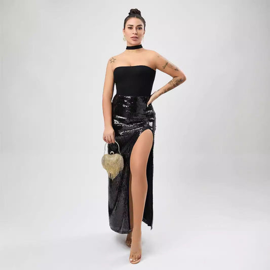 High Quality Sexy Slit Sequin Dress Autumn Women Clothing High Sense Tutu Bella Mia