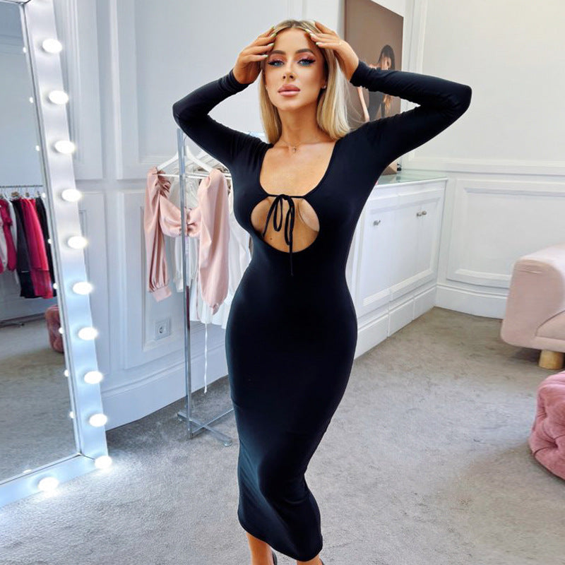 Women Sexy Long Sleeve Hollow Out Cutout Backless Tied Slim Fit Pure Sexy Dress for Women Bella Mia