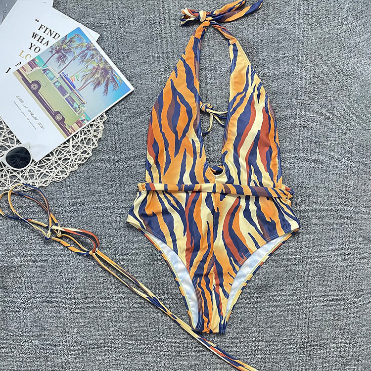 Swimwear Women Bandage Leg Travel Swimsuit Sexy Tiger Stripe Pattern Bikini Bella Mia