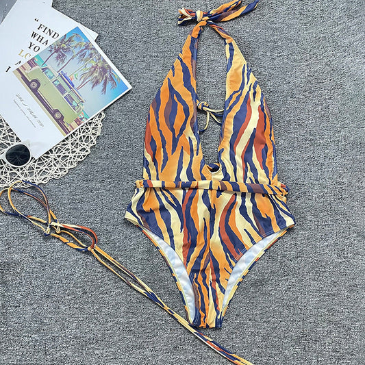 Swimwear Women Bandage Leg Travel Swimsuit Sexy Tiger Stripe Pattern Bikini Bella Mia