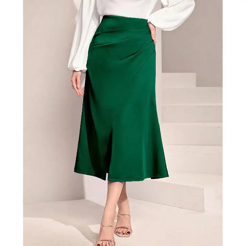 Women Clothing High Waist Satin Pleated Split Dress Solid Skirt Zipper Fishtail Hip Skirt Bella Mia
