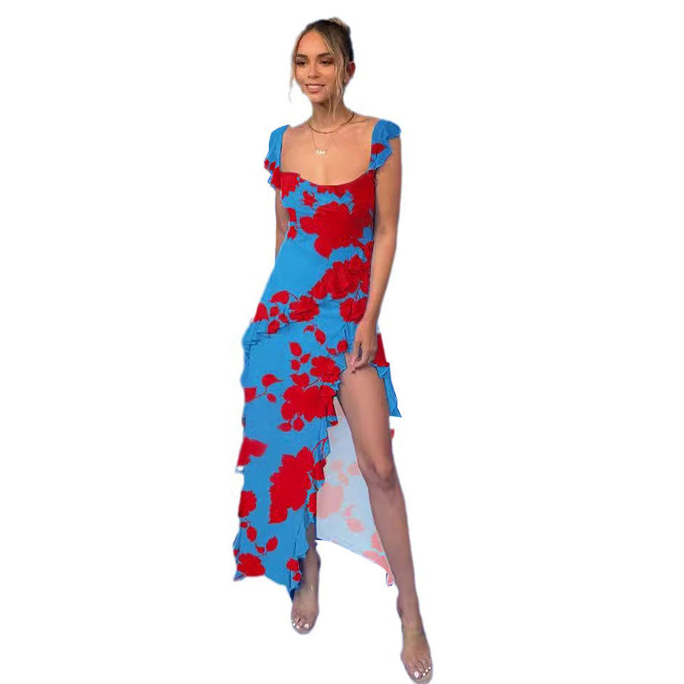 Women Sexy Printed Wooden Ear Patchwork Slit Multi Color Dress Bella Mia