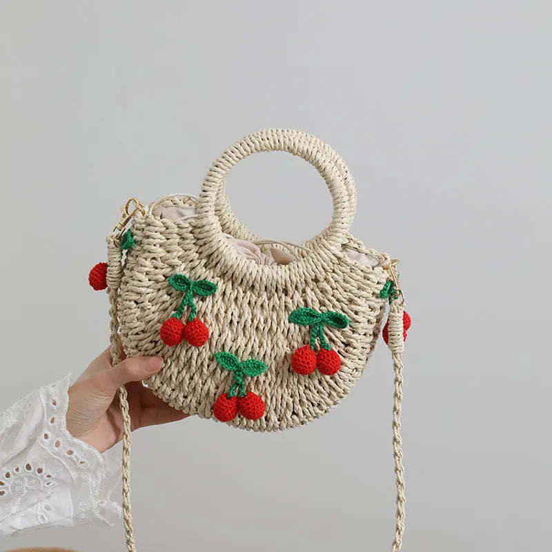 Cute Cherry Fresh Straw Bag Woven Tote Strawberry Cross Body Bag Vacation Beach Bag Bella Mia