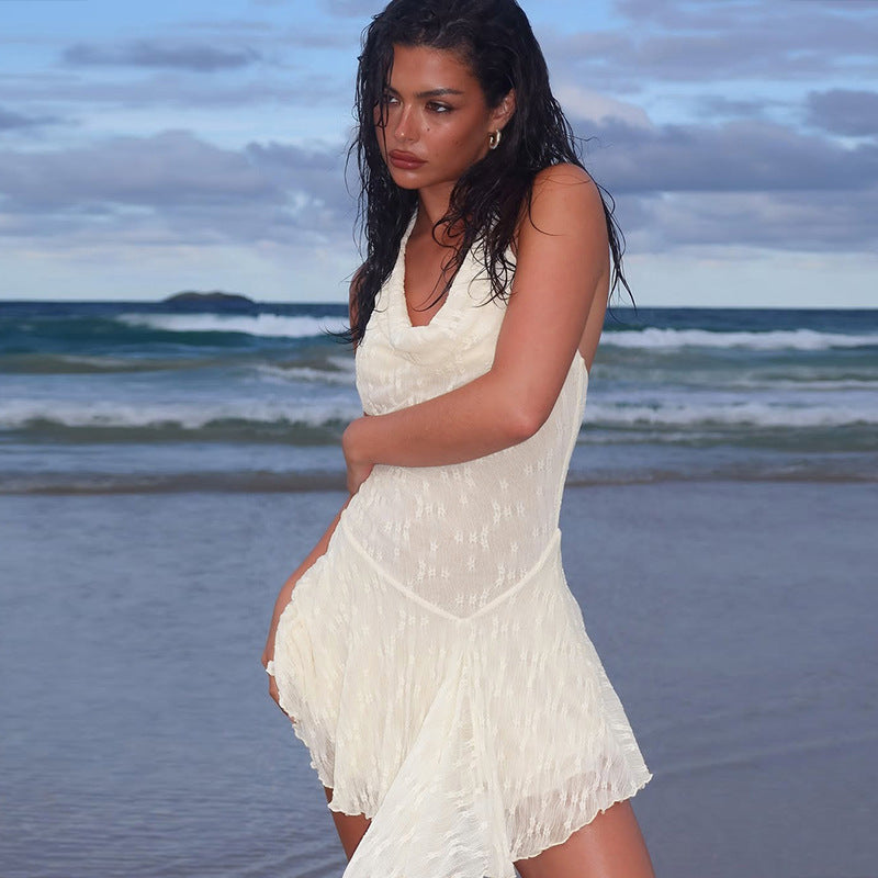 Sexy Backless Halter Sexy Lace Stitching Dress Women Vacation Short Women Bella Mia