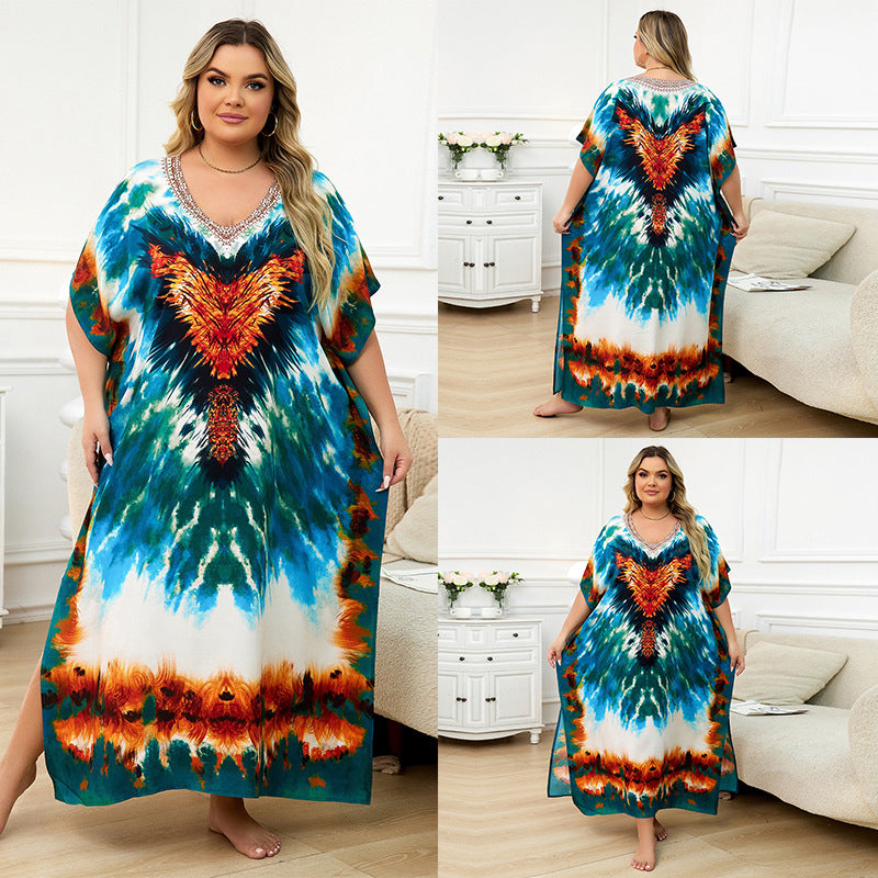 Rayon Positioning Print Holiday Loose Robe Beach Jacket Dress Bikini Cover up Blouse Bella Mia