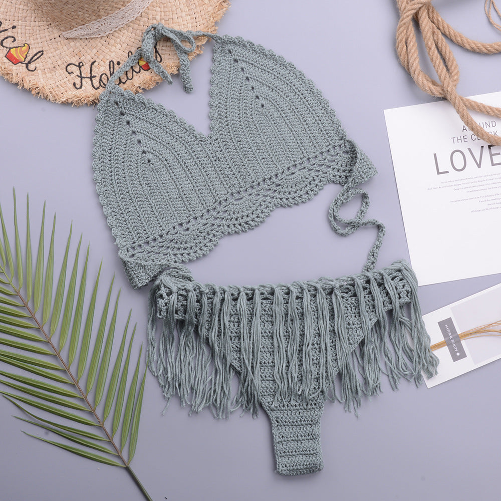 Vacation Sexy Characteristic Handmade Crochet Tassel Hollow Out Cutout out Strap Bikini Women Set Bella Mia