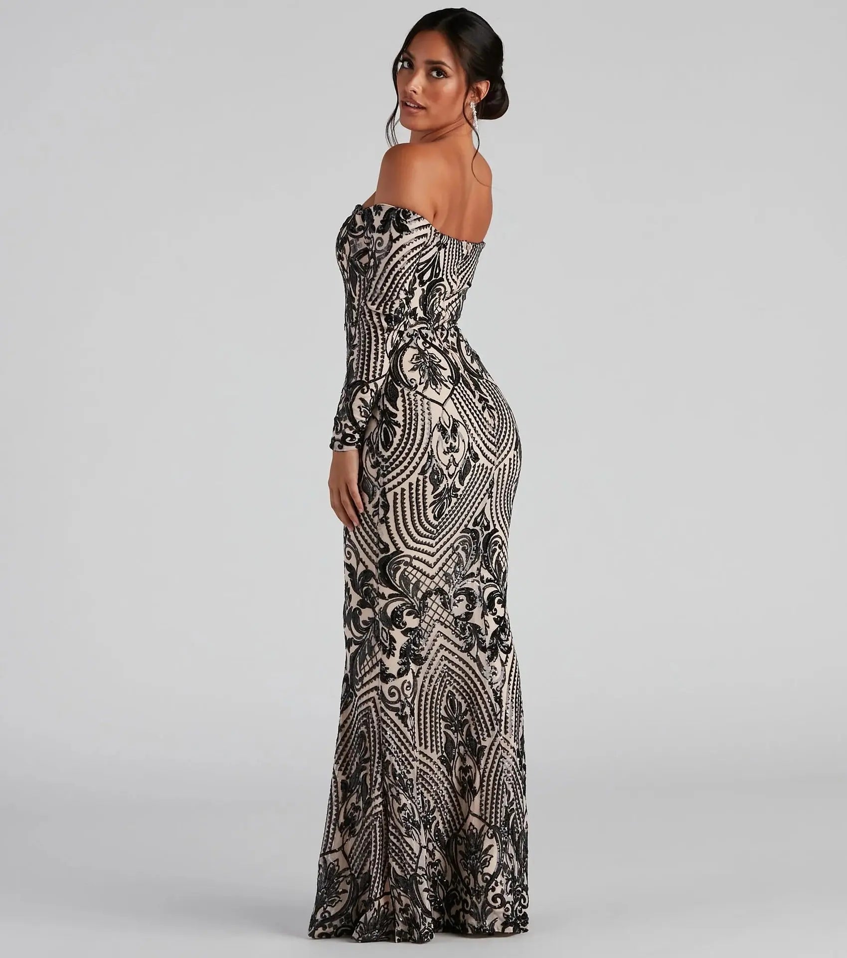 Sequin Off Shoulder Long Sleeve Maxi Dress For Women Formal Evening Cocktail Bella Mia