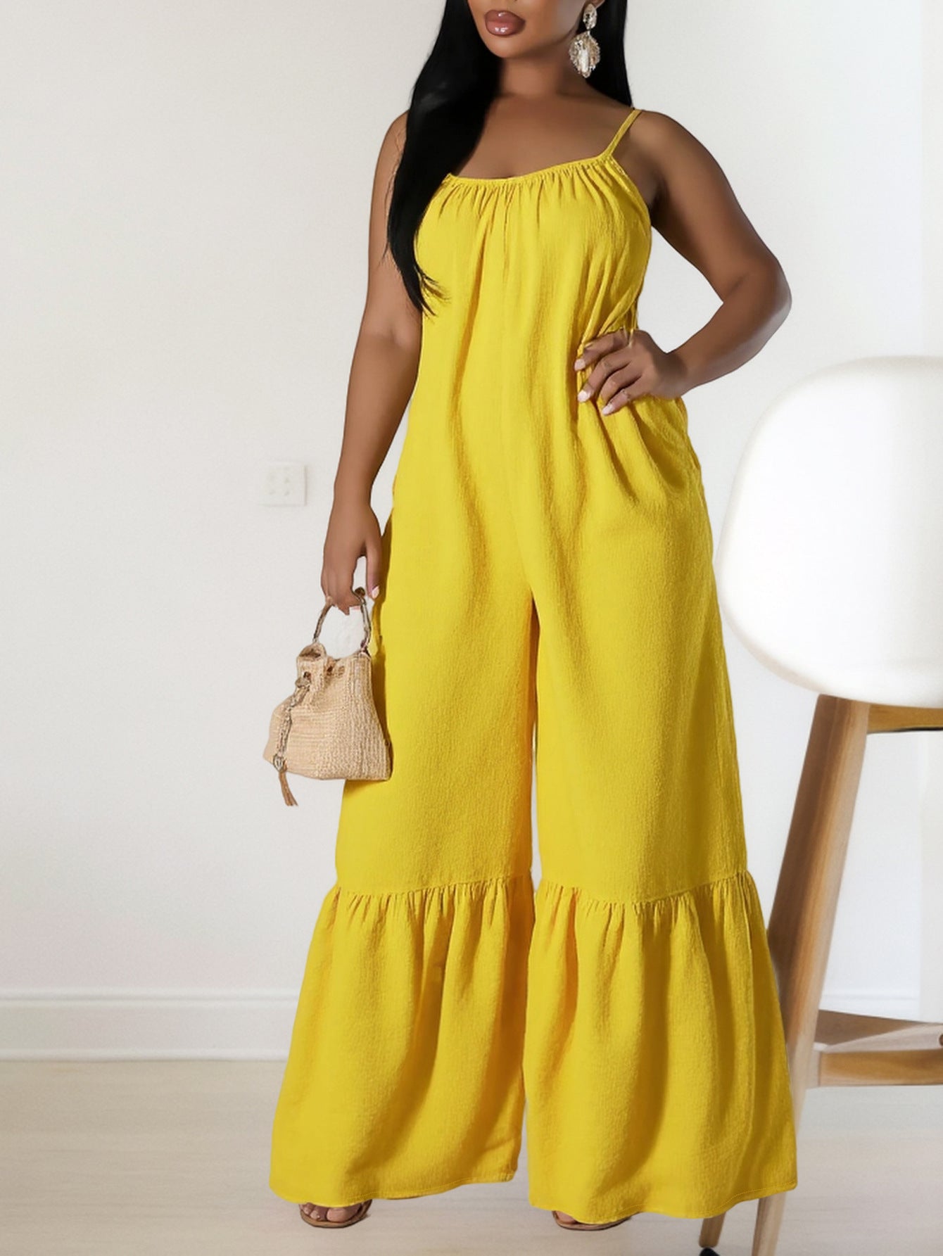 Women Clothing Elegant Spaghetti Straps Sleeveless Trousers Casual Solid Color Jumpsuit Bella Mia