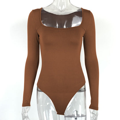 Sexy T-Shaped One-Piece Bottoming Shirt Autumn Women Clothing Tight Long Sleeve Square Neck Bodysuit
