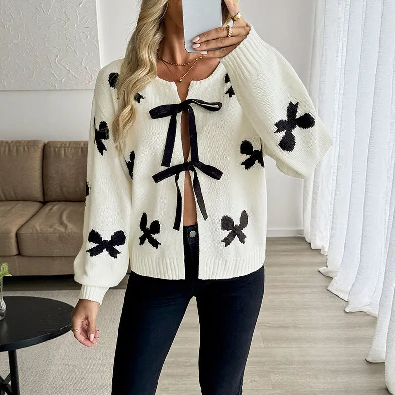 Sweet Design Lace up Bow Pattern Women Sweater Cardigan Bella Mia