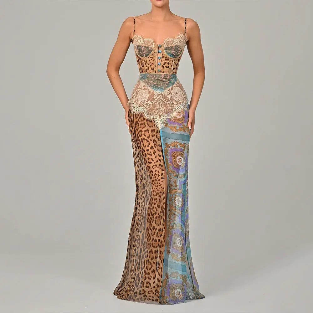 Sexy Cami Dress With Sweetheart Neckline Animal Print Maxi Split Bella Mia