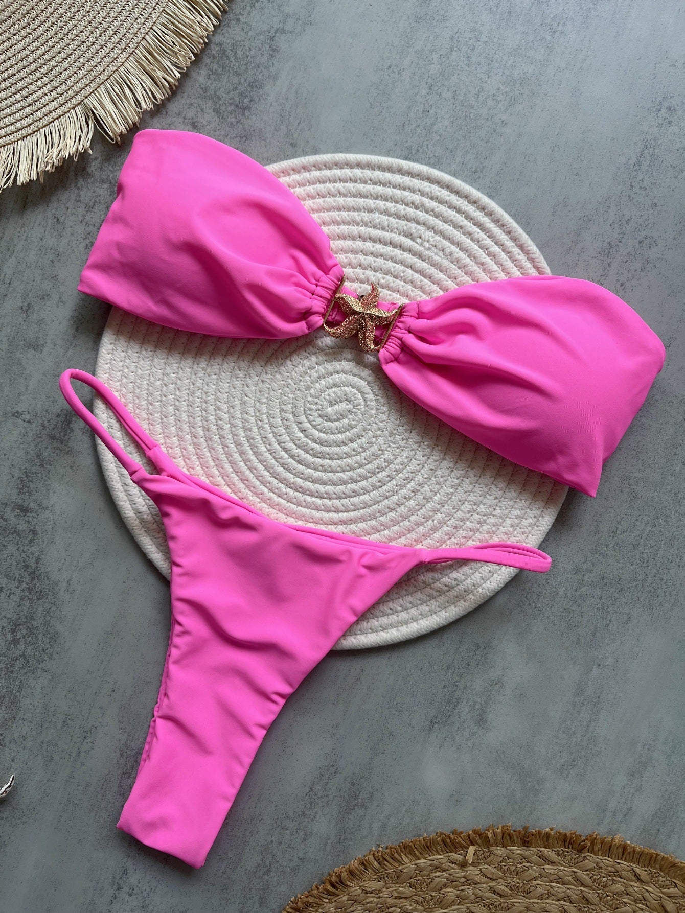 Nylon Fabric Five-Pointed Star Accessories Solid Color Bikini Sexy Backless Split Swimsuit Bikini