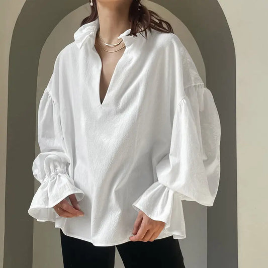 Spring White Cotton Puff Sleeve Blouse With V Neck And Relaxed Fit Bella Mia